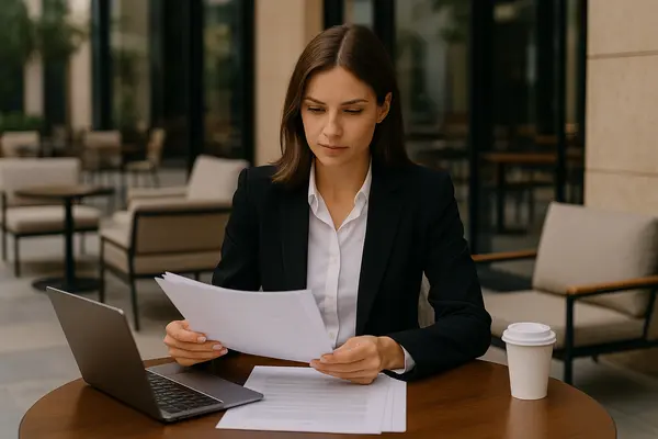 a female lawyer reading a document outside of a coffee place from Dallas Lemon Law Attorney in Dallas, TX - consumer credit protection act