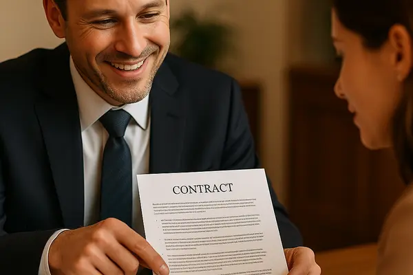 a lemon law lawyer smilig as he shows a contract to a woman from Dallas Lemon Law Attorney in Fort Worth, TX - Fort Worth TX a lemon law lawyer smilig as he shows a contract to a woman from Dallas Lemon Law Attorney in Fort Worth, TX - Fort Worth TX