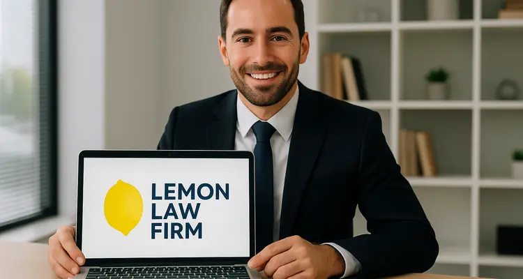 a lwayer in his office showing a laptop screen that says lemon law firm from Dallas Lemon Law Attorney in Garland, TX - Garland TX