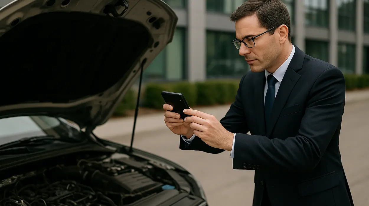 a man taking a picture with his phone under the hood of his lemon car from Dallas Lemon Law Attorney in Dallas, TX - Lawyer near me