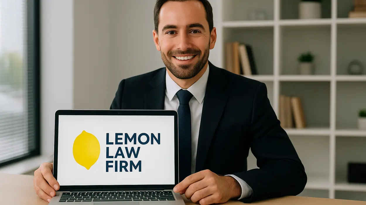 a lwayer in his office showing a laptop screen that says lemon law firm from Dallas Lemon Law Attorney in Dallas, TX - lemon law buyback
