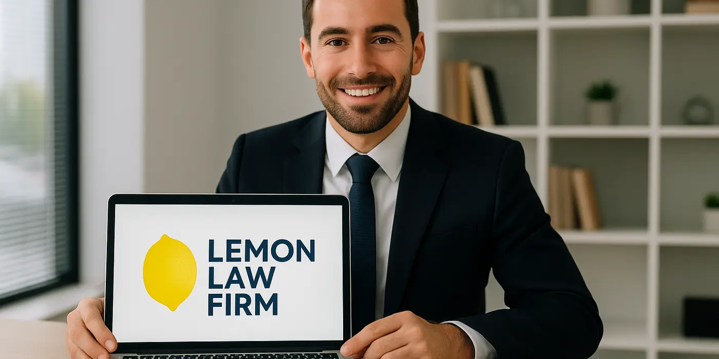 a lwayer in his office showing a laptop screen that says lemon law firm from Dallas Lemon Law Attorney in Dallas, TX - lemon law for campers