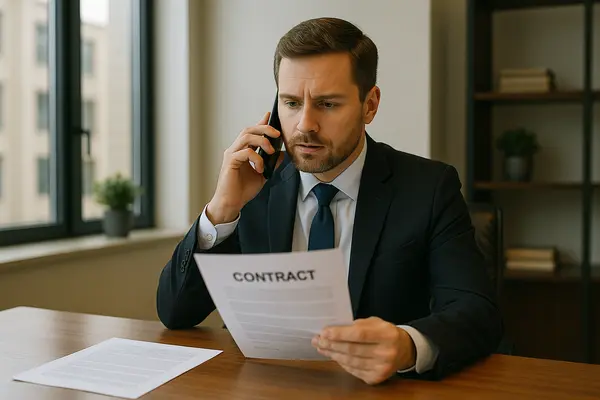 a male lawyer talking on his phone while holding a legal document from Dallas Lemon Law Attorney in Dallas, TX - tesla lemon law