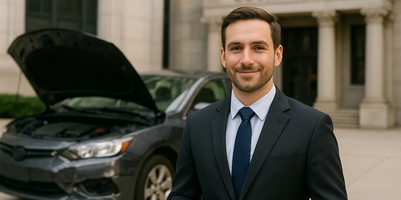a male lawyer smiling at the camera with a lemon car in the background from Dallas Lemon Law Attorney in Dallas, TX - what is a lemon car