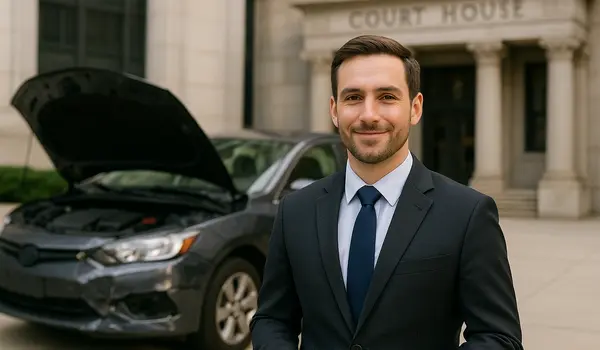 a male lawyer smiling at the camera with a lemon car in the background from Dallas Lemon Law Attorney in Dallas, TX - what is a lemon car